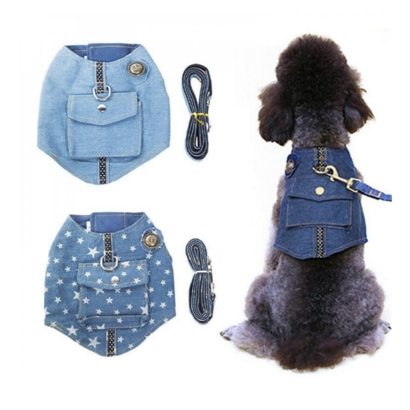 Pet Dog Cat Denim Vest w/ Stars Puppy Dog Harness And Leash Set - Picture 10 of 10